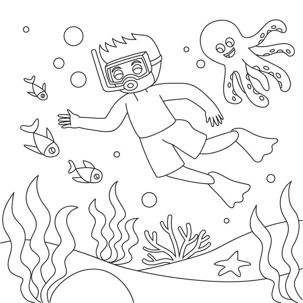 Little boy diving in the ocean coloring page vector illustration