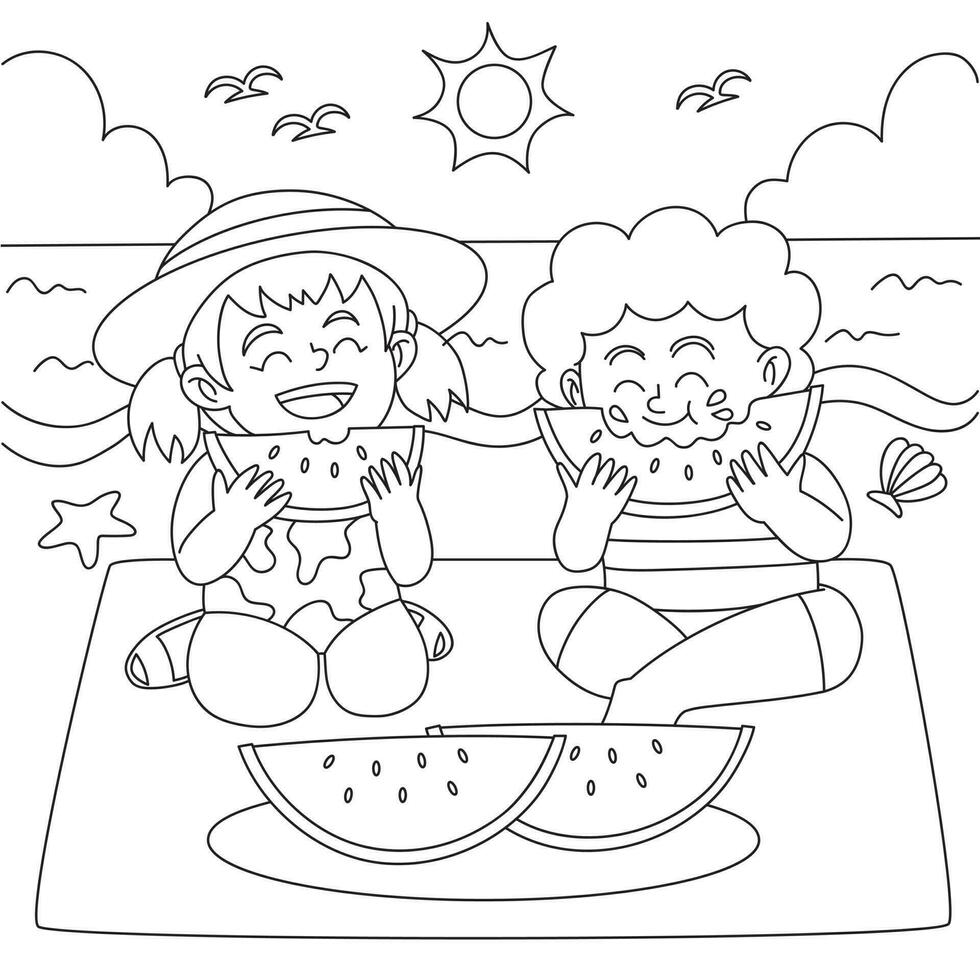 Kids eating watermelons coloring page vector illustration