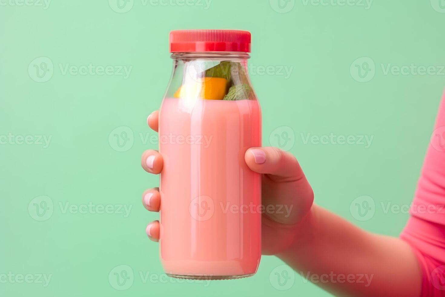 hand holding freshly grapefruit juice in a bottle photo