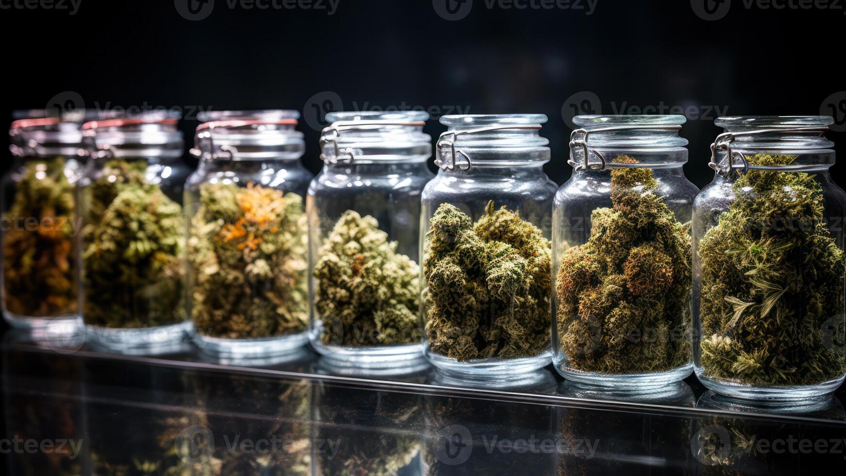 glass jars with different strain of cannabis display case with buds of medical marijuana photo