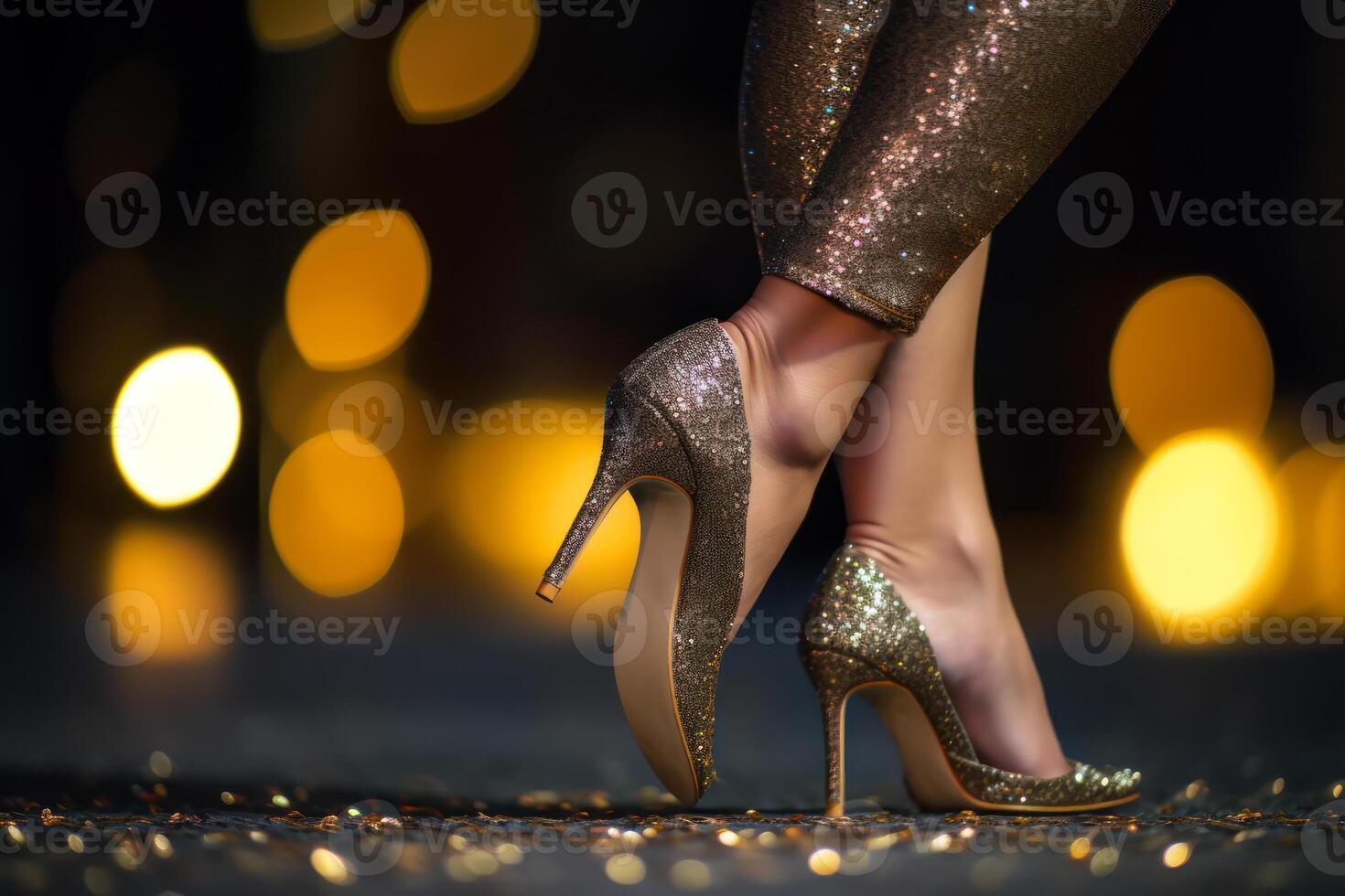 beautiful female legs in evening shoes with bokeh lights in the background photo
