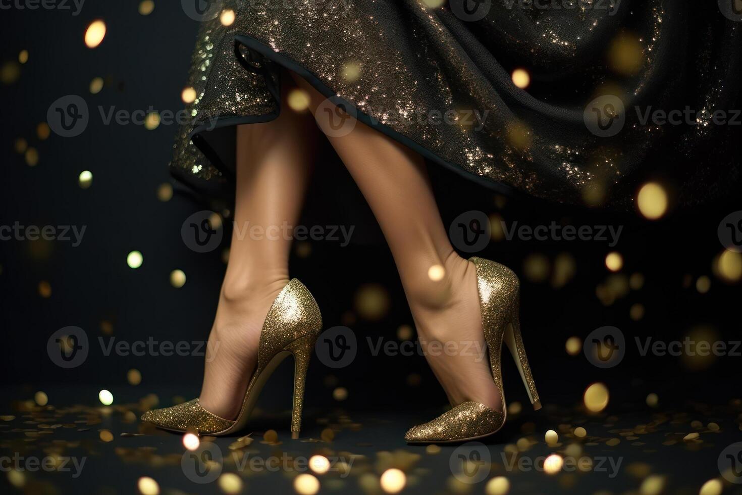 dance female legs in evening shiny shoes with bokeh lights in the background photo