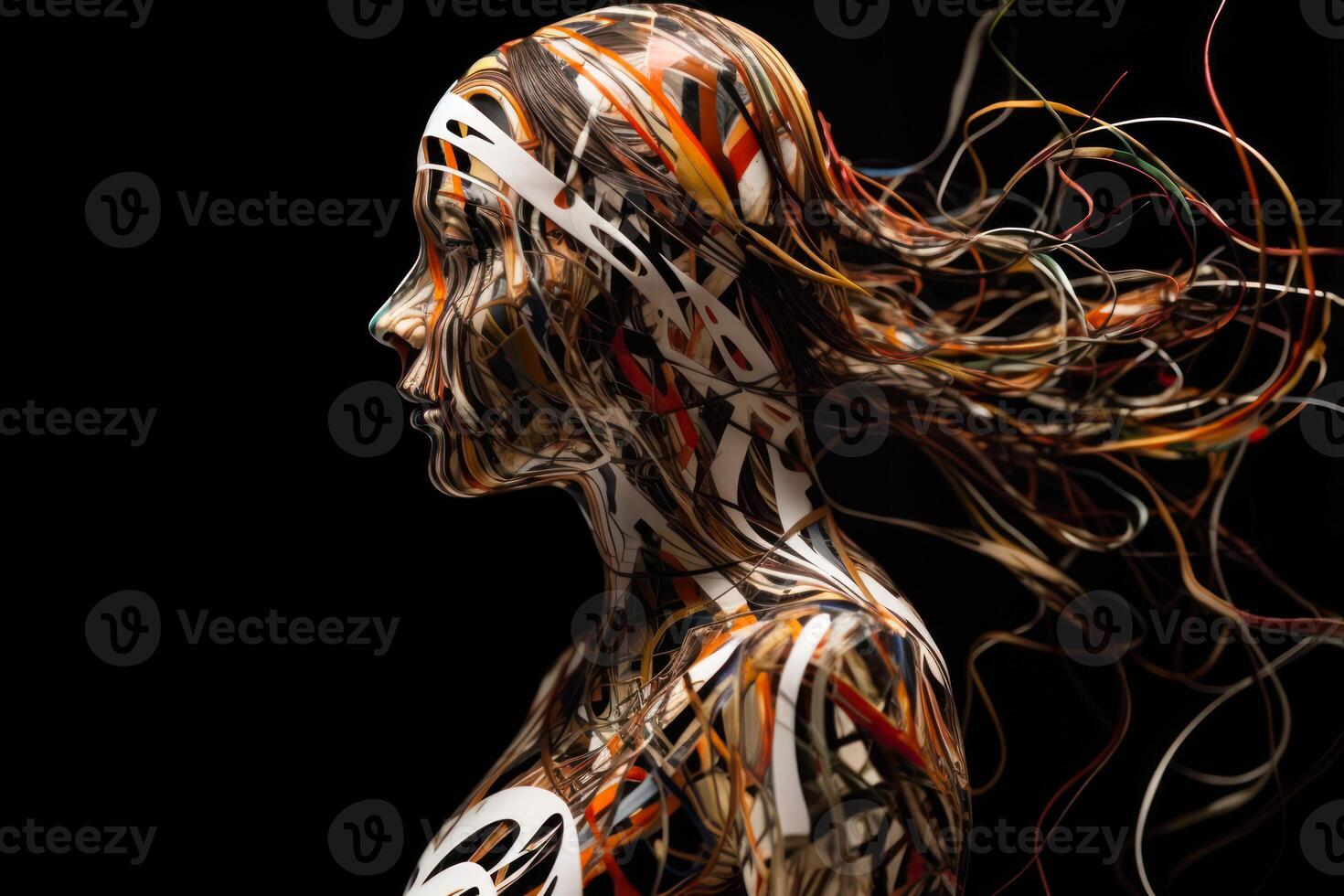 colorful woman silhouette with chaotic abstract hair lines photo