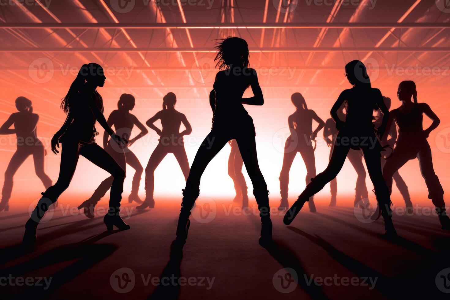 silhouettes of a group of dancing girls on stage with a red light in the background photo