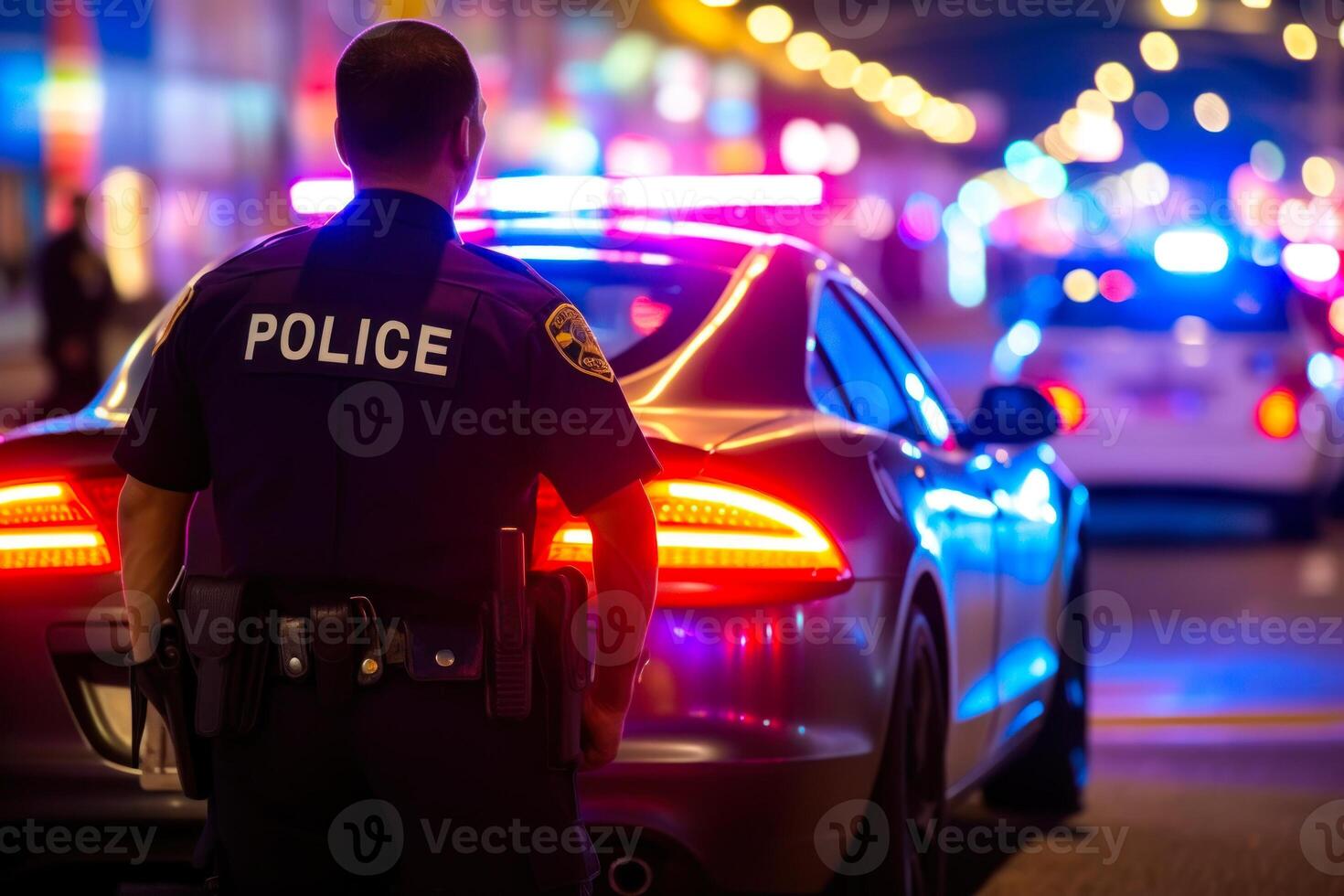 policía y policía auto, ciudad patrulla con rojo y azul brillante luces generativo ai foto