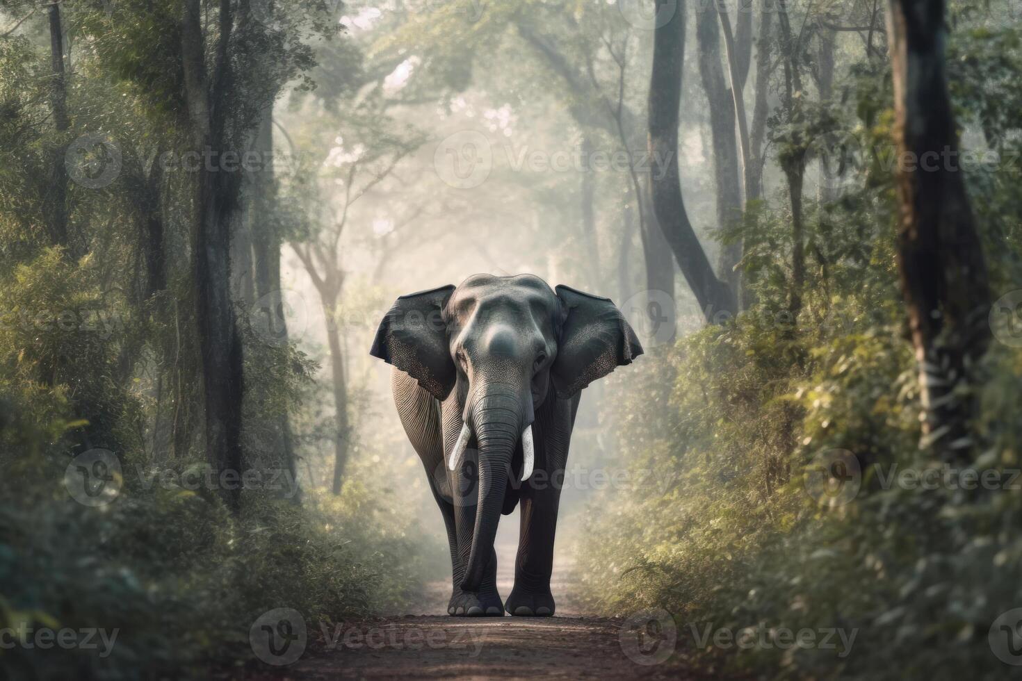 an elephant walks along a path in the jungle photo
