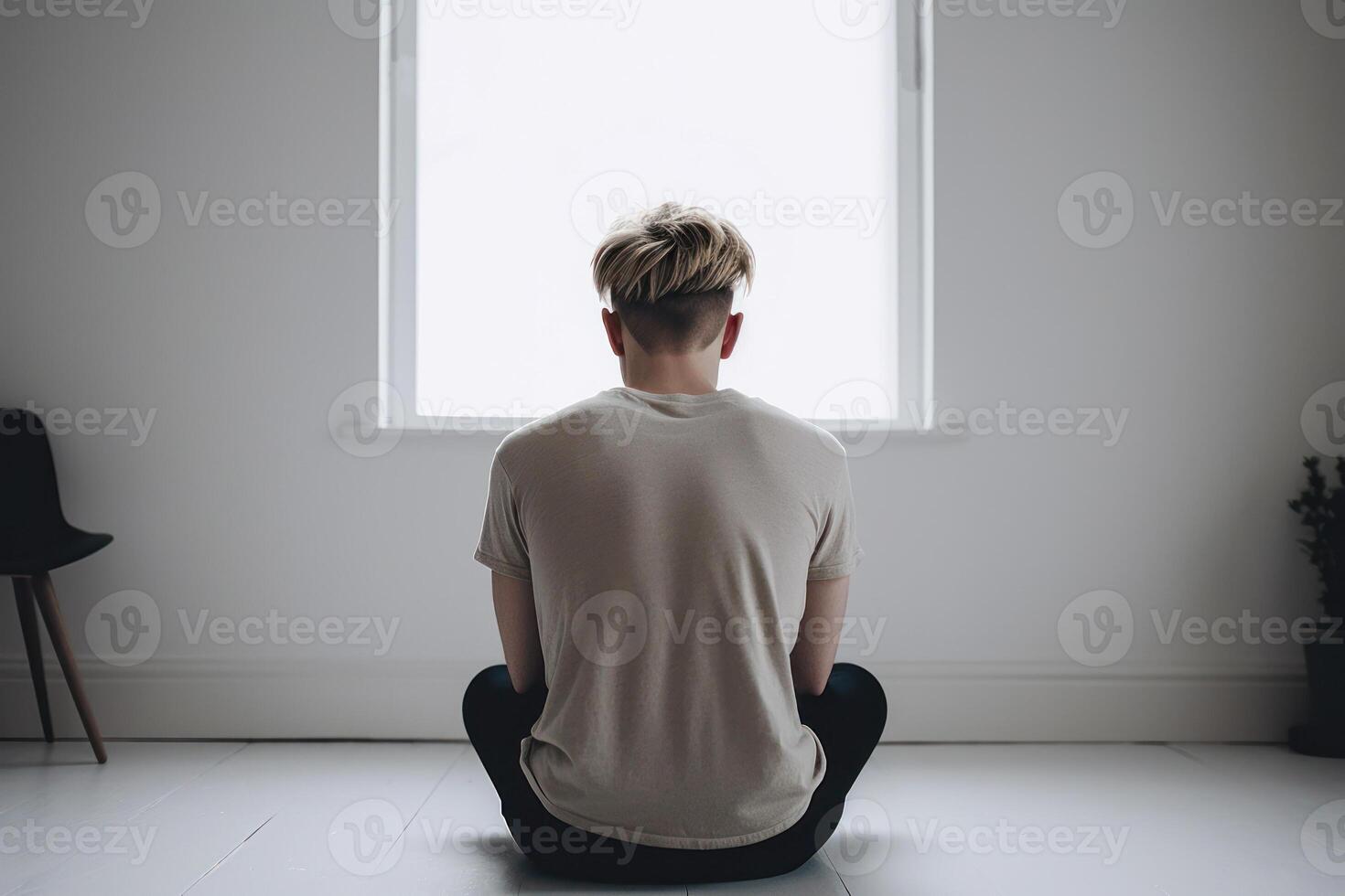 el chico se sienta por él mismo en un vacío habitación soledad generativo ai foto