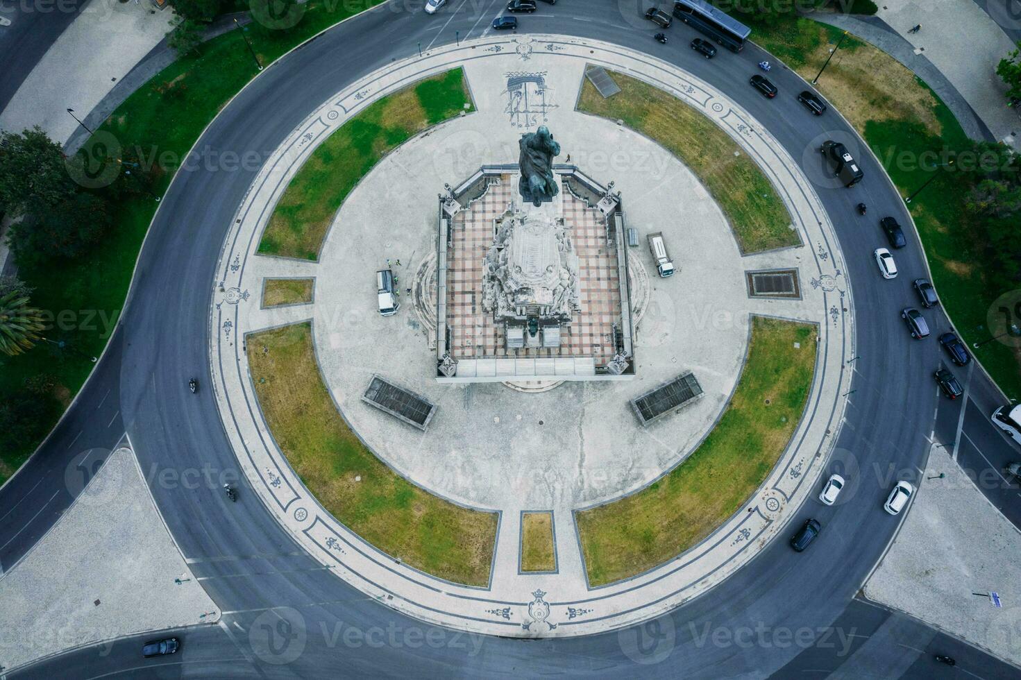 Aerial drone view of Marquis of Pombal Square roundabout in Lisbon, Portugal, a major landmark in the city photo