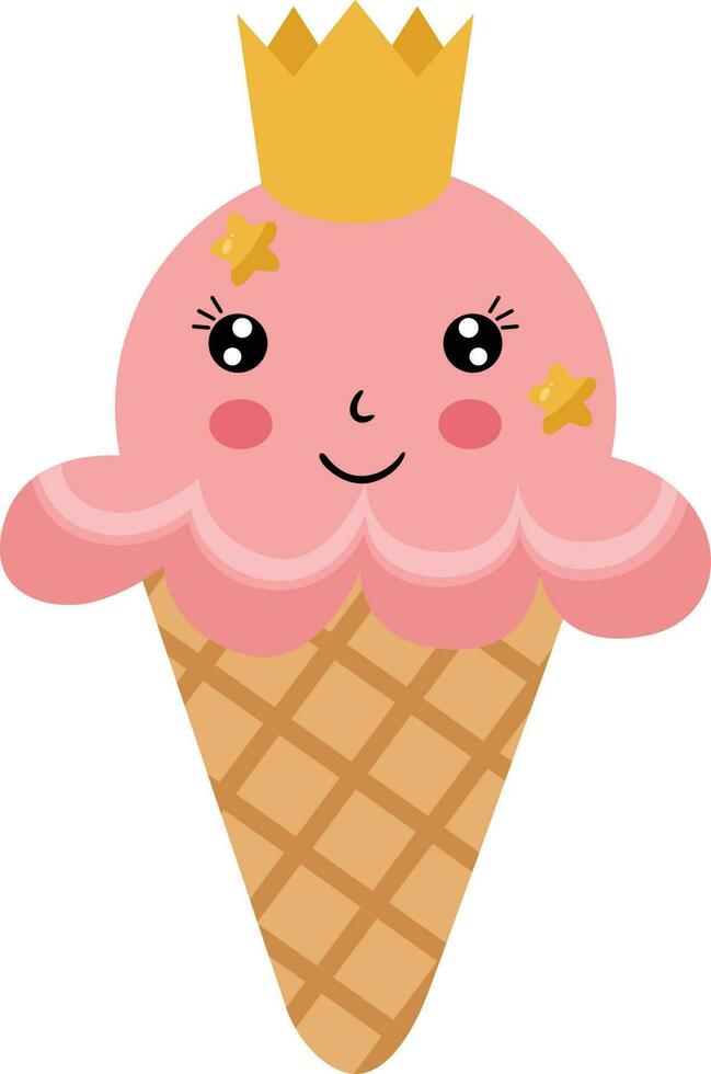 Funny ice cream cone with gold crown and stars vector