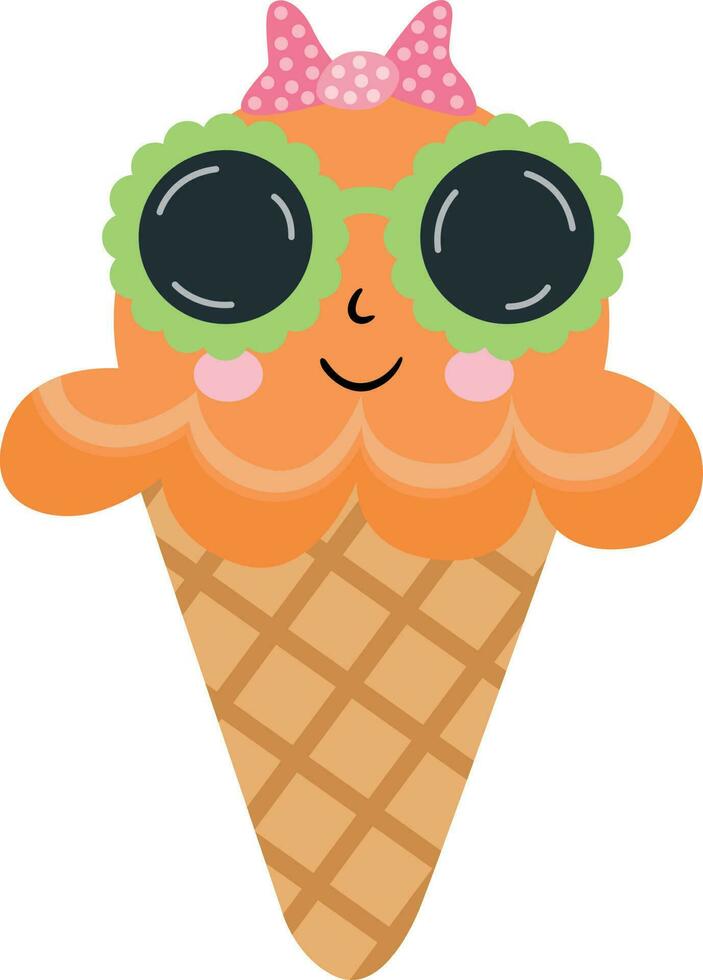 Funny ice cream cone with sunglasses and bow ribbon vector