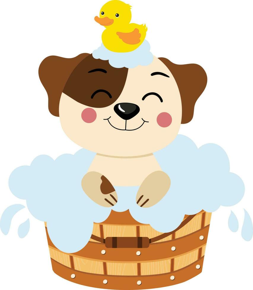 Cute dog taking a bath in wooden tub vector