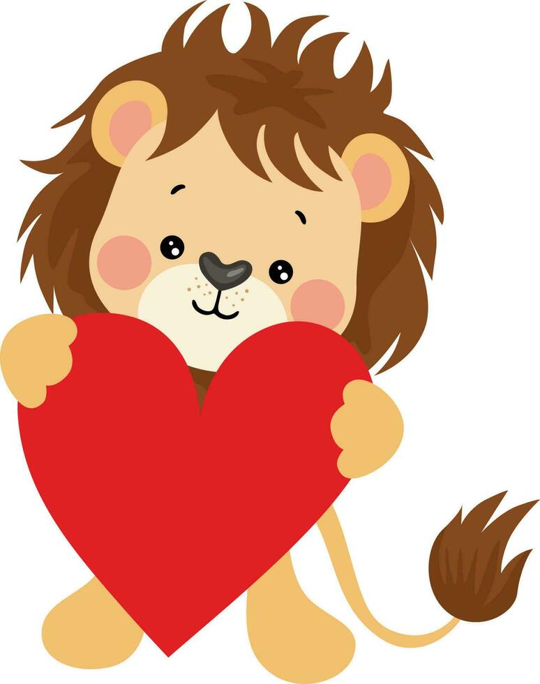 Cute lion holding a red heart vector