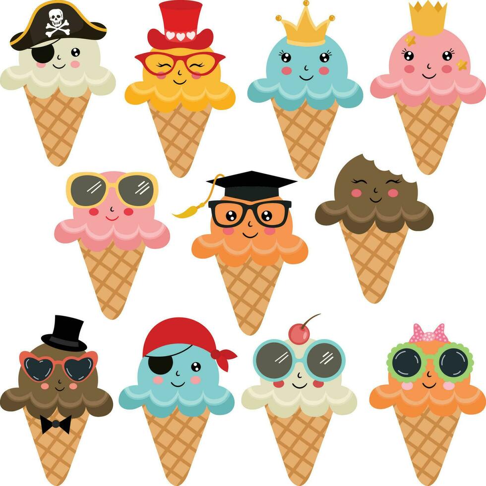 Set of digital elements with funny cone iced summer treat vector