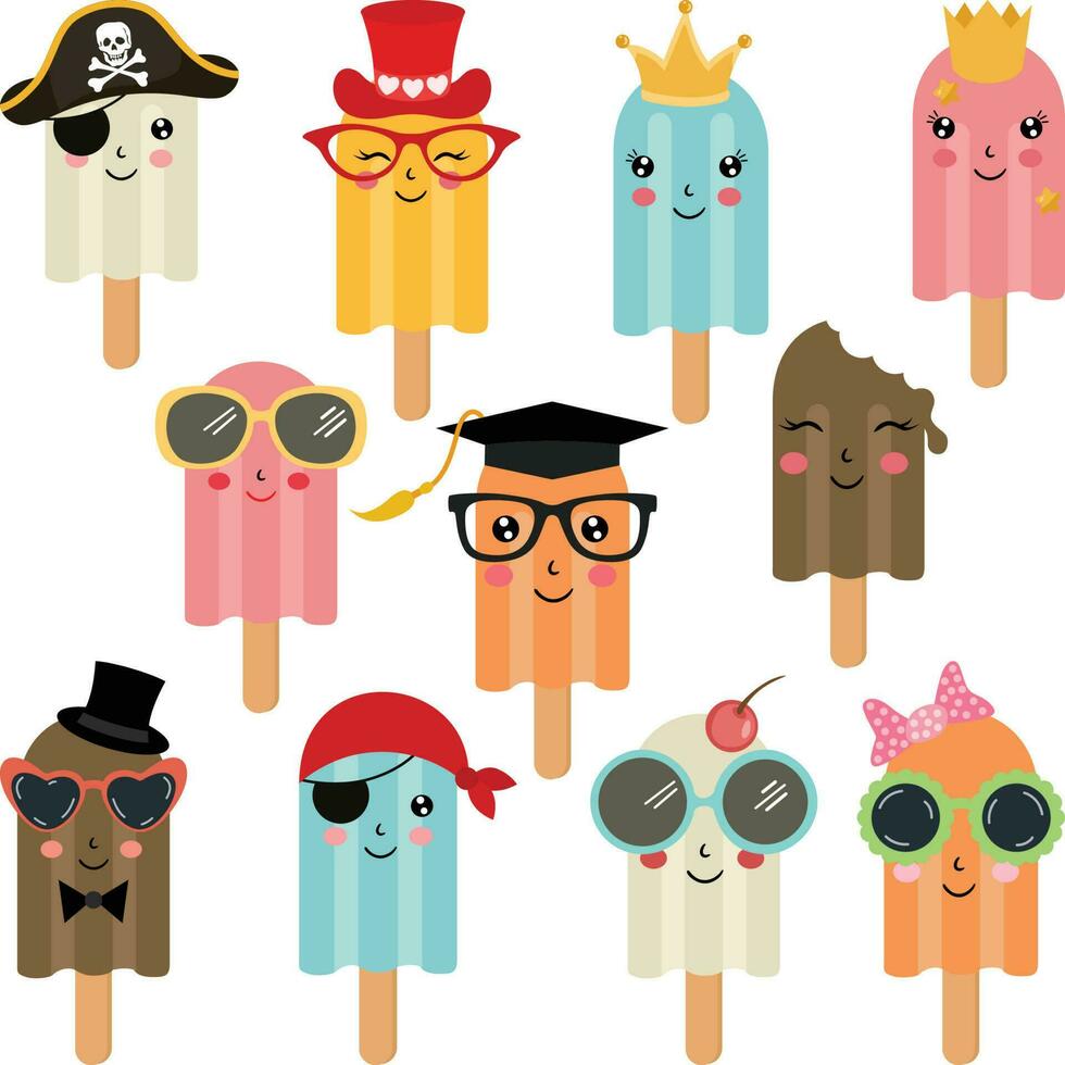 Set of digital elements with funny ice cream summer treat vector