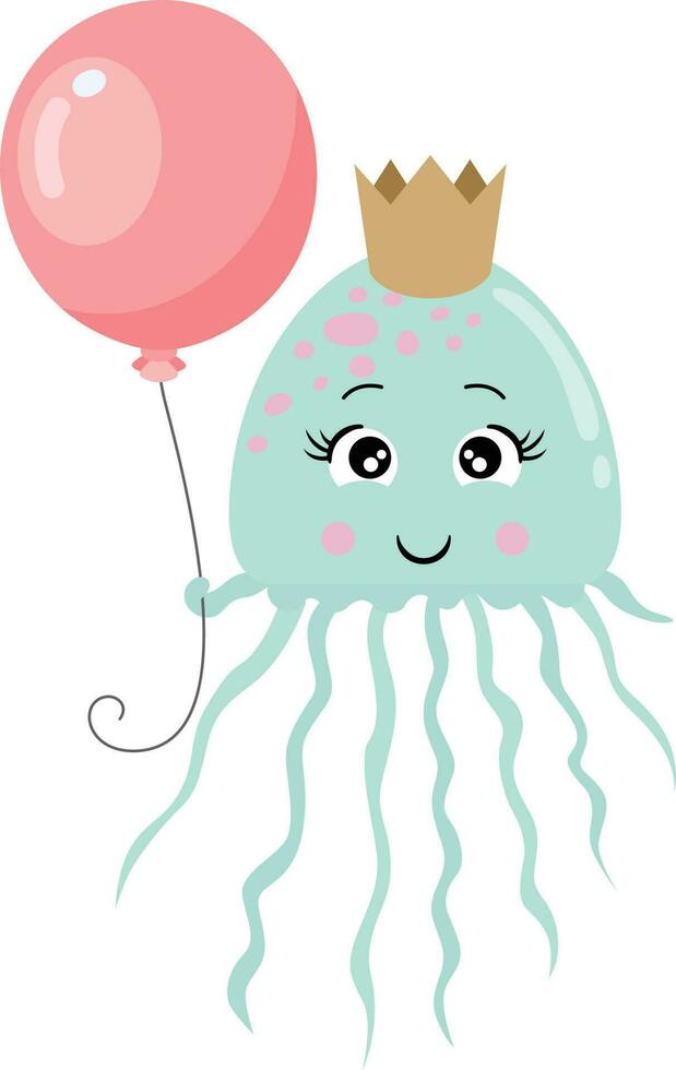 Funny squid with crown holding a balloon vector