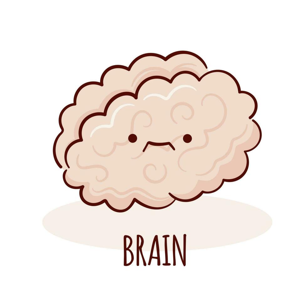 Brain character, cartoon mascot with funny face. Brain human anatomy training card vector