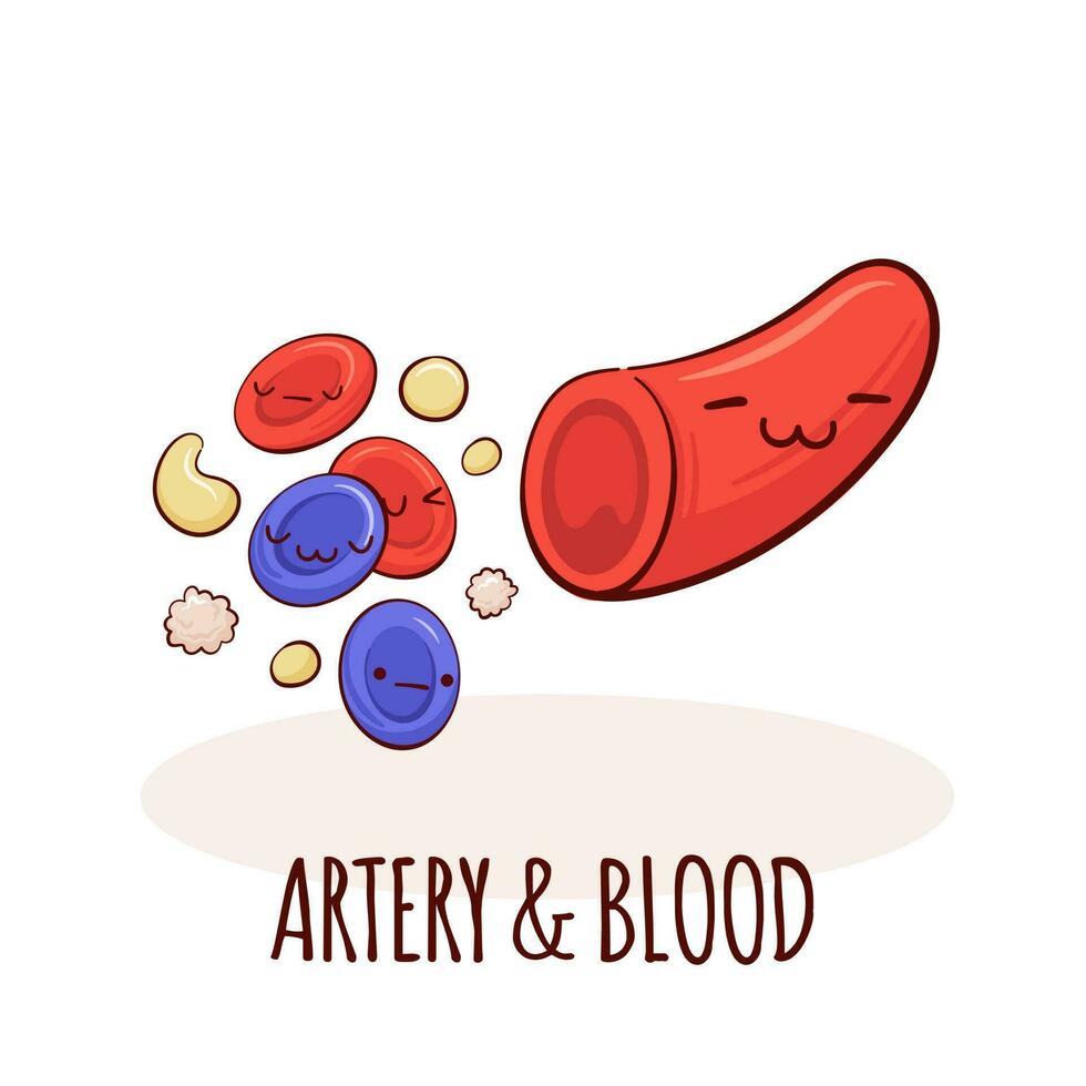 artería sangre personaje, dibujos animados mascota con gracioso rostro. artería sangre humano anatomía formación tarjeta vector