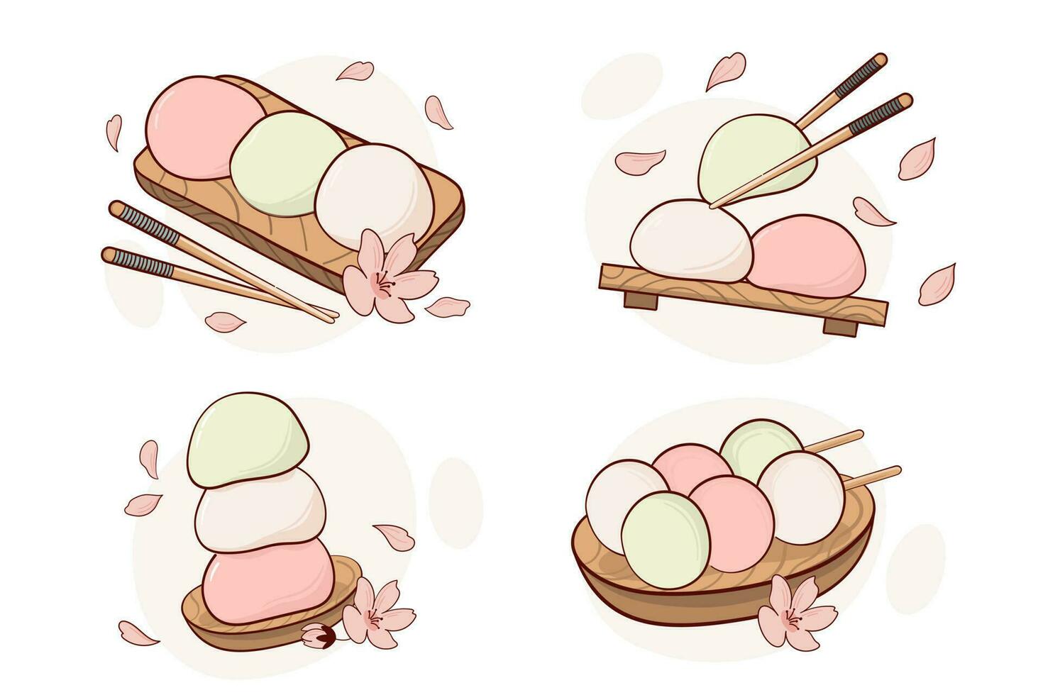 Japan tradition sweets mochi daifuku dango vector illustration. Japanese asian traditional food, cooking, menu concept. Doodle cartoon style.