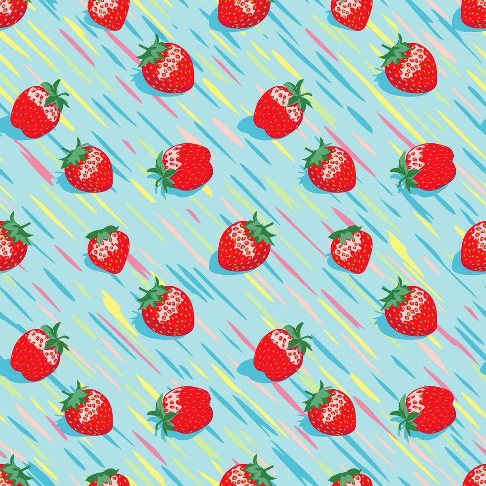 Seamless strawberry pattern on a blue background with iridescent stripes. vector