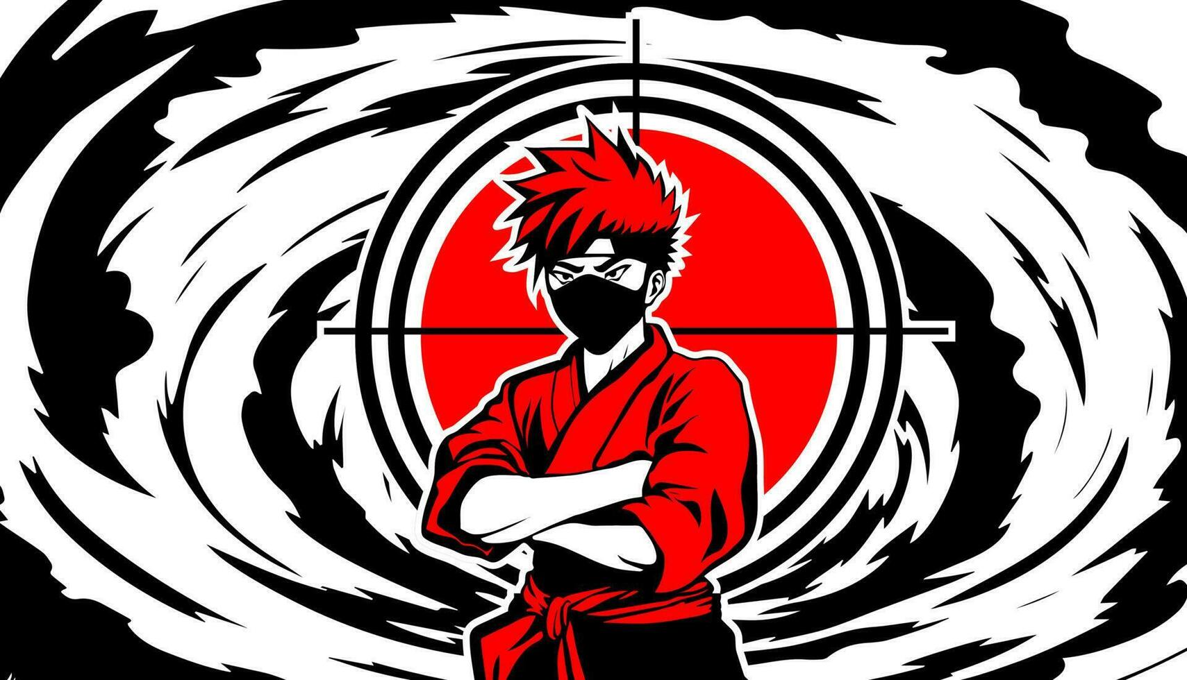 Young ninja against the background of a red target circle and a swirl of clouds. vector