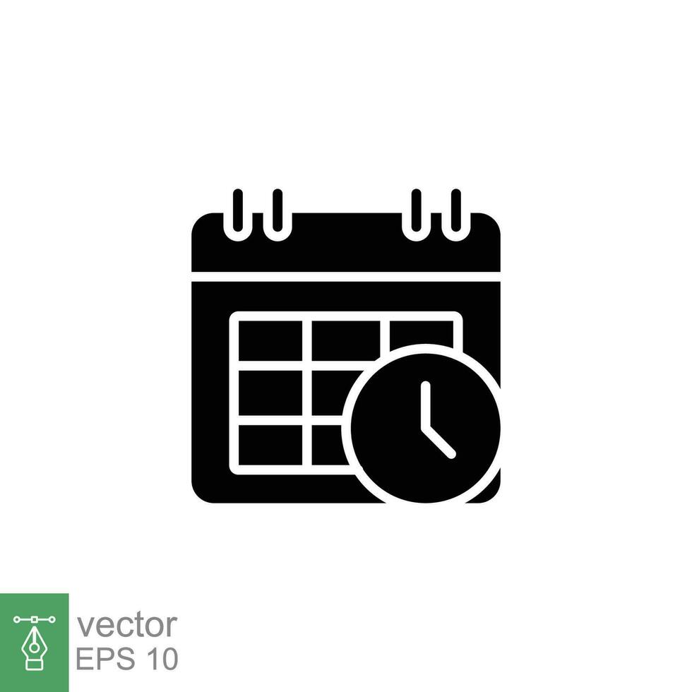 Calendar clock icon. Simple solid style. Time, event, date, schedule, day, appointment, deadline concept. Black silhouette, glyph symbol. Vector illustration isolated on white background. EPS 10.
