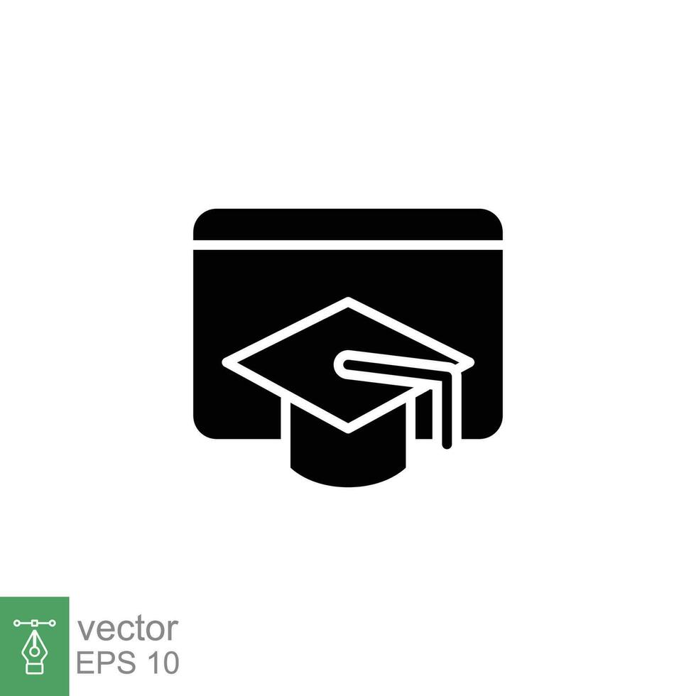 E-learning icon. Simple solid style. Learn, online, digital, graduation cap, distance education concept. Black silhouette, glyph symbol. Vector illustration isolated on white background. EPS 10.