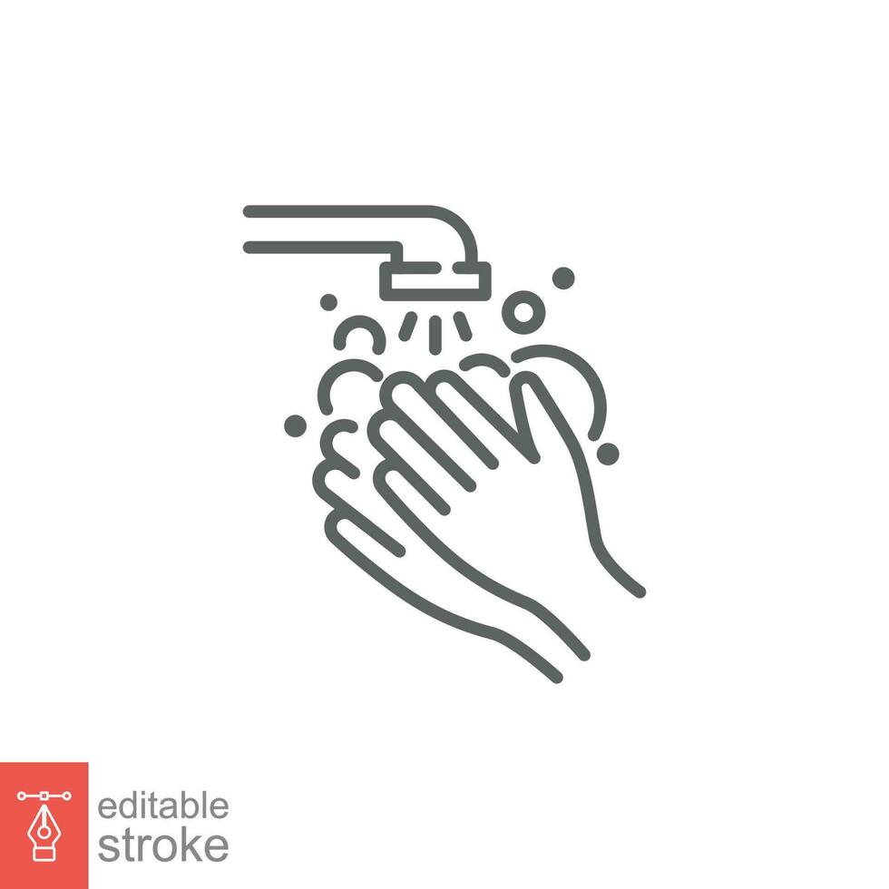 Wash your hands with soap icon. Simple outline style. Faucet, clean dirty finger, prevention concept. Thin line symbol. Vector illustration isolated on white background. Editable stroke EPS 10.