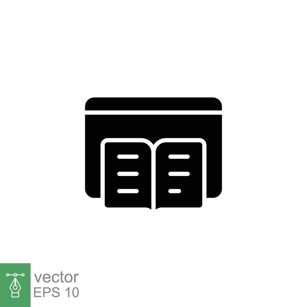 Digital book icon. Simple solid style. Ebook, e-learning, academic, virtual magazine, education concept. Black silhouette, glyph symbol. Vector illustration isolated on white background. EPS 10.