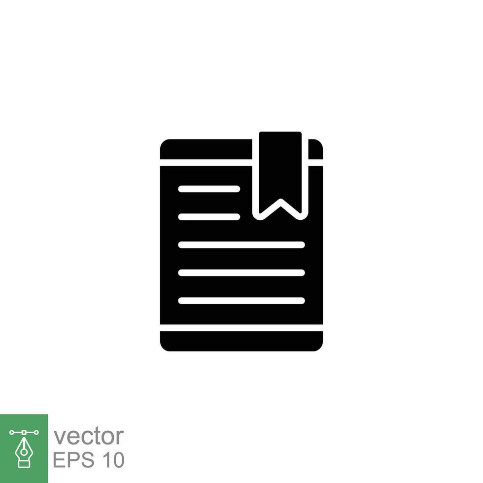 Book with bookmark icon. Simple solid style. Guide, handbook, manual, publication, library, education concept. Black silhouette, glyph symbol. Vector illustration isolated on white background. EPS 10.