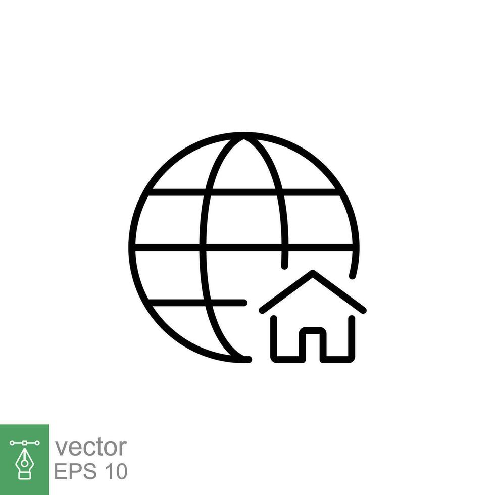 Global home icon. Simple outline style. Globe with house logo, world building, earth, business concept. Thin line symbol. Vector illustration isolated on white background. EPS 10.