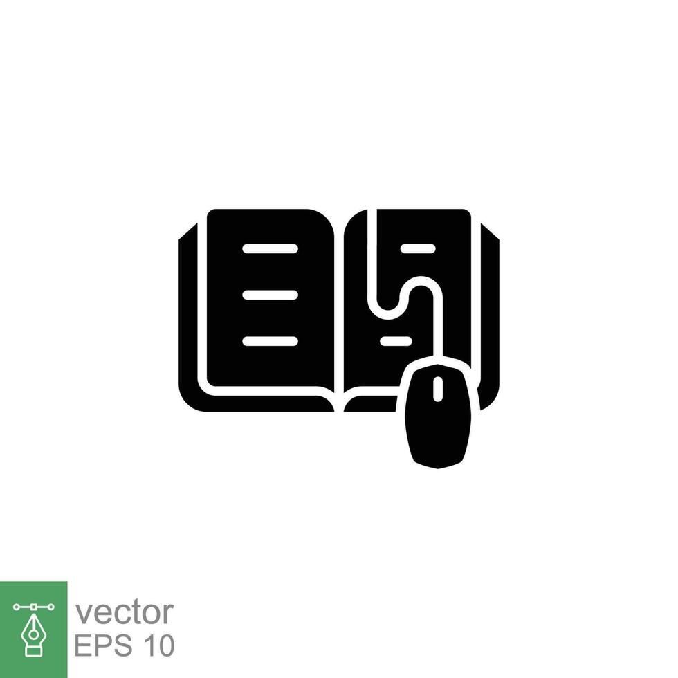 Digital book icon. Simple solid style. Learn, computer, ebook, mouse connected to a book, education concept. Black silhouette, glyph symbol. Vector illustration isolated on white background. EPS 10.