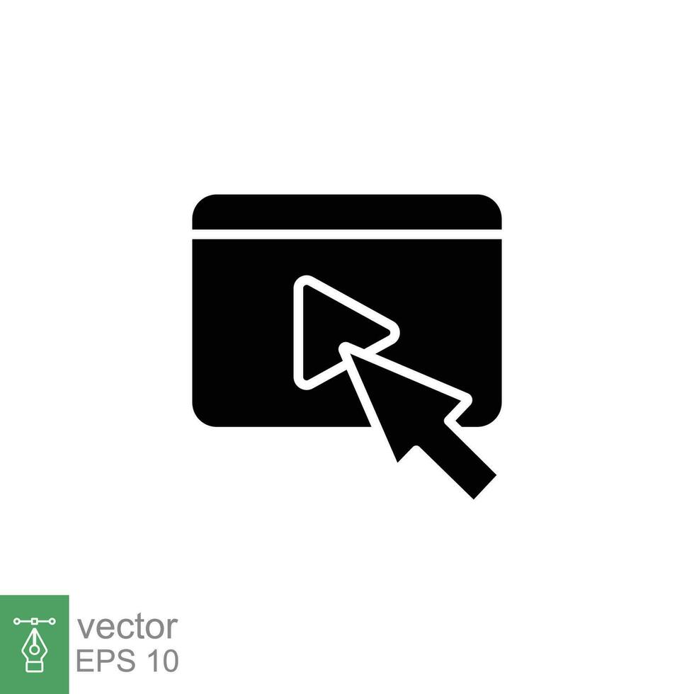 flecha cursor hacer clic jugar vídeo botón icono. sencillo sólido estilo. prensa, tocar, medios de comunicación, digital, en línea concepto. negro silueta, glifo símbolo. vector ilustración aislado en blanco antecedentes. eps 10