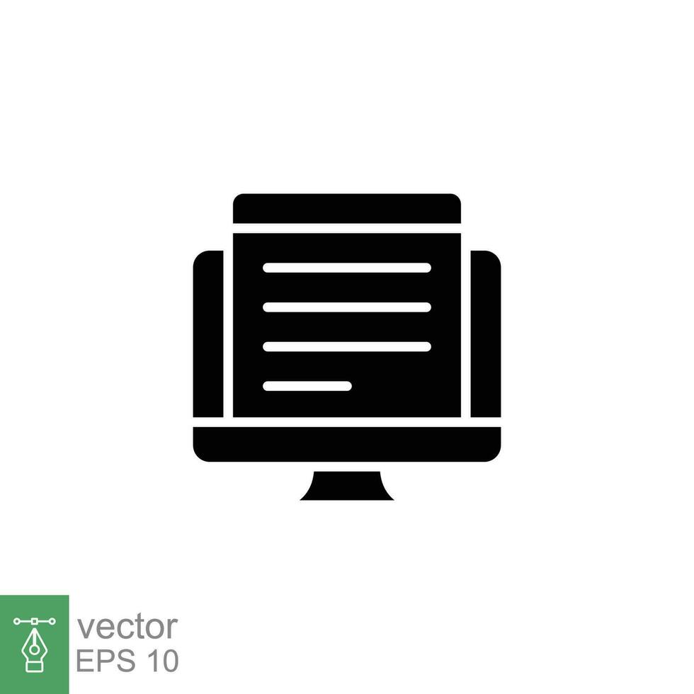 Online document icon. Simple solid style. Article, paper on monitor, business, technology concept. Black silhouette, glyph symbol. Vector illustration isolated on white background. EPS 10.