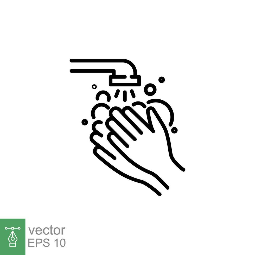 Wash your hands with soap icon. Simple outline style. Faucet, clean dirty finger, bathroom, prevention concept. Thin line symbol. Vector illustration isolated on white background. EPS 10.