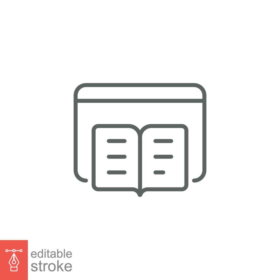 Digital book icon. Simple outline style. Ebook, e-learning, academic, virtual magazine, education concept. Thin line symbol. Vector illustration isolated on white background. Editable stroke EPS 10.