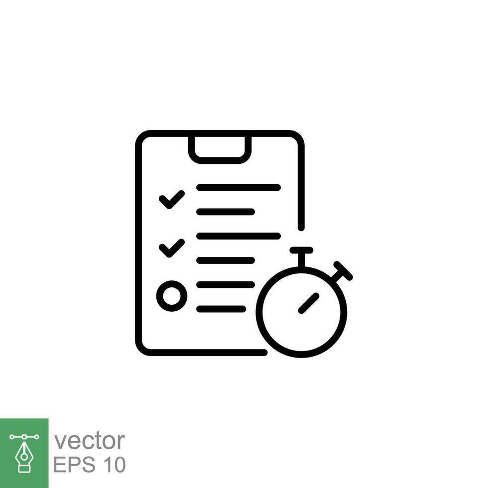 Test icon. Simple outline style. Clipboard, form with list check mark, task, stopwatch, time answer concept. Thin line symbol. Vector illustration isolated on white background. EPS 10.