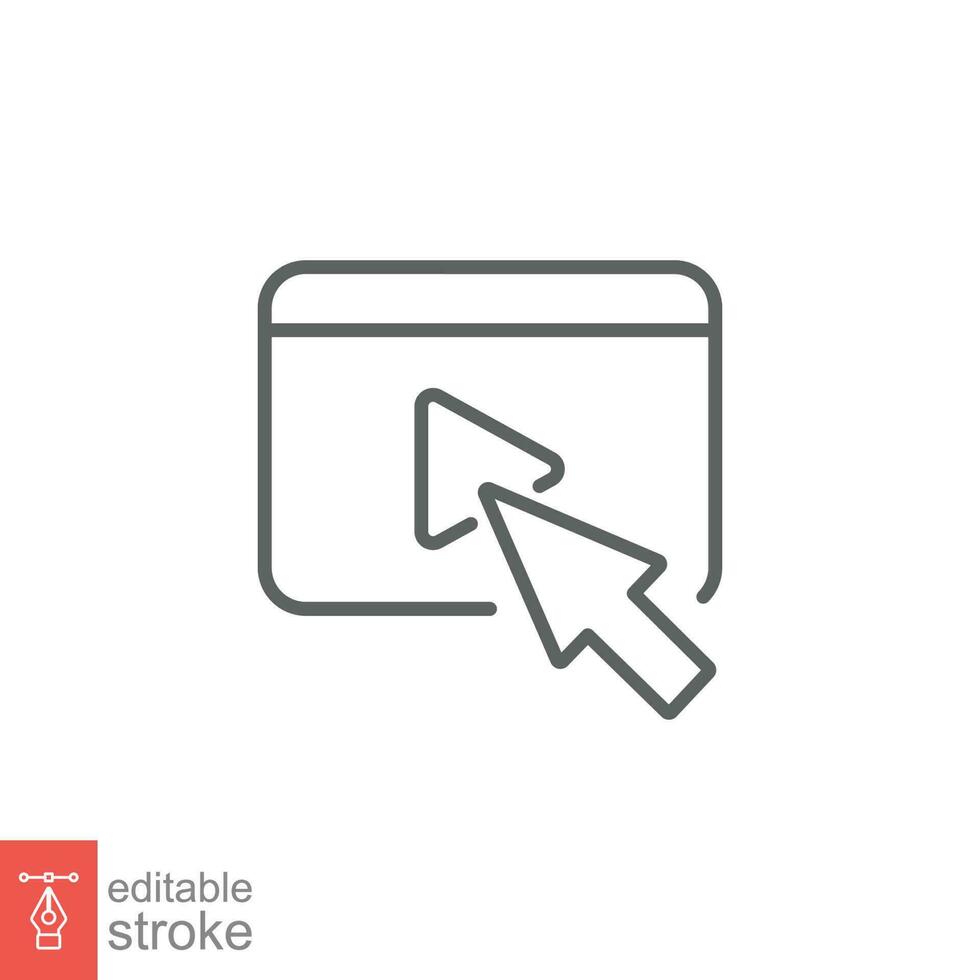 Arrow cursor click play video button icon. Simple outline style. Press, touch, media, online concept. Thin line symbol. Vector illustration isolated on white background. Editable stroke EPS 10.
