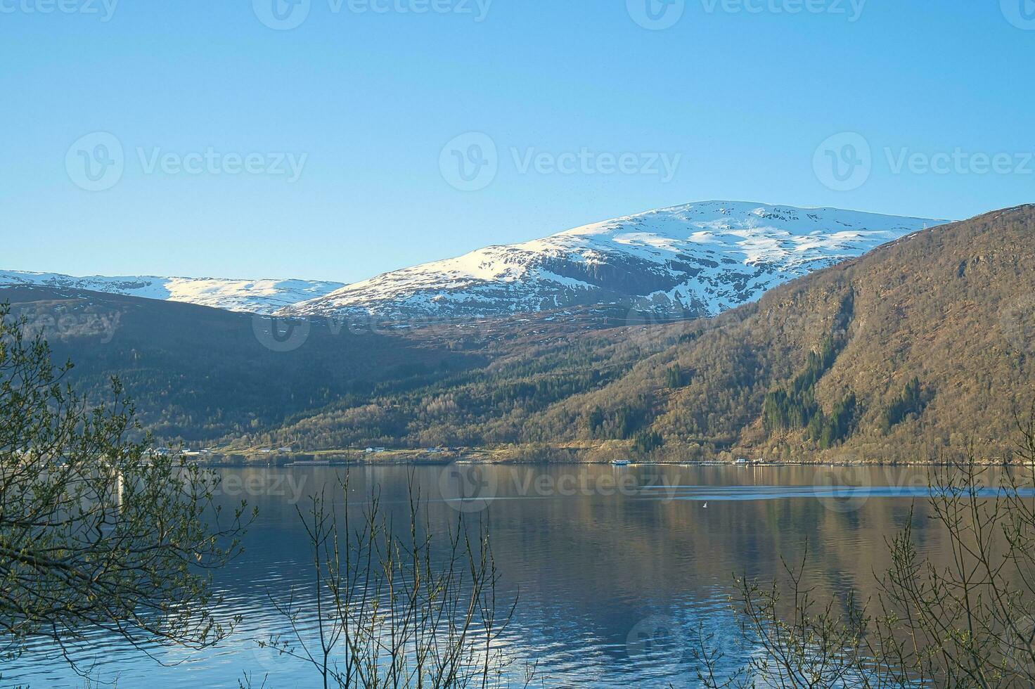 Nordfjord in Norway. View of mountains covered with snow. Wilderness in Scandinavia photo