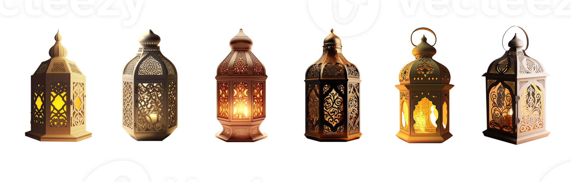 Realistic Golden Arabic Lantern Icon Set. 3D Render. png