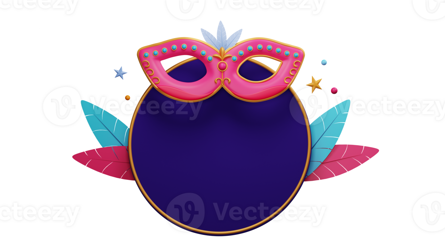 3D Render of Masquerade Mask With Colorful Feathers Circle Frame Against Background. png
