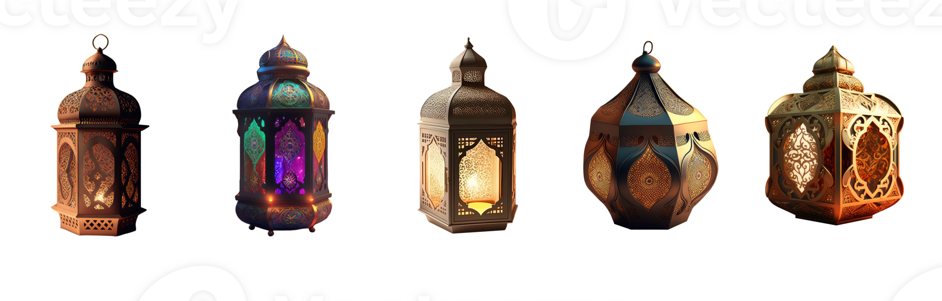 Realistic Golden Arabic Lantern Icon Set. 3D Render. png