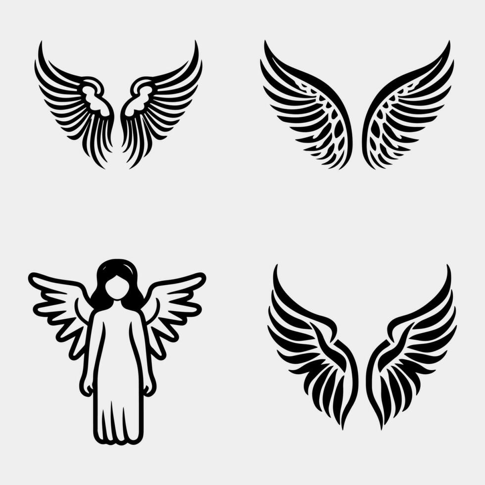 Set of hand drawn bird or angel wings of different shape in open position vector