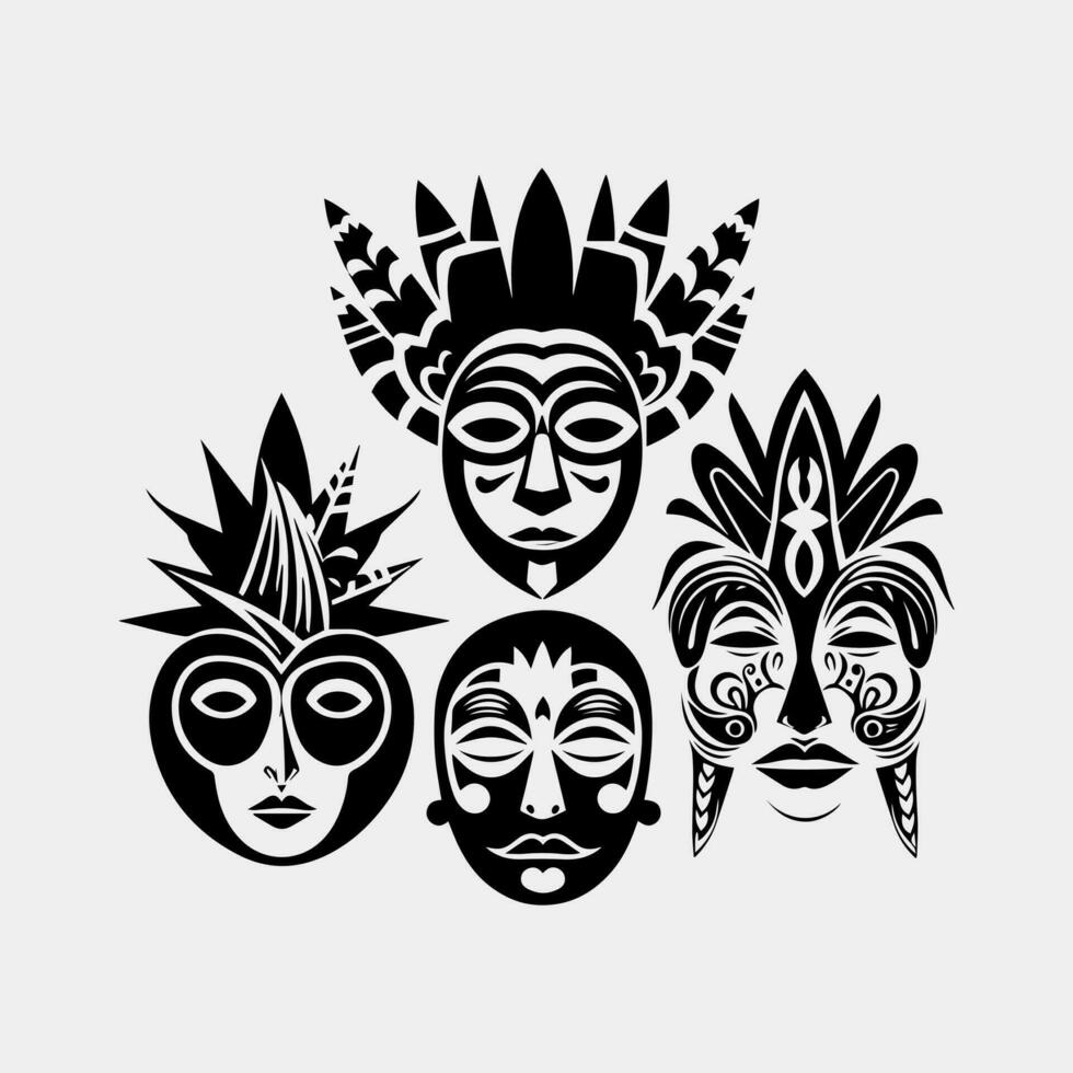 conjunto de africano tribal máscaras colección de diferente indio, azteca máscara en blanco antecedentes vector