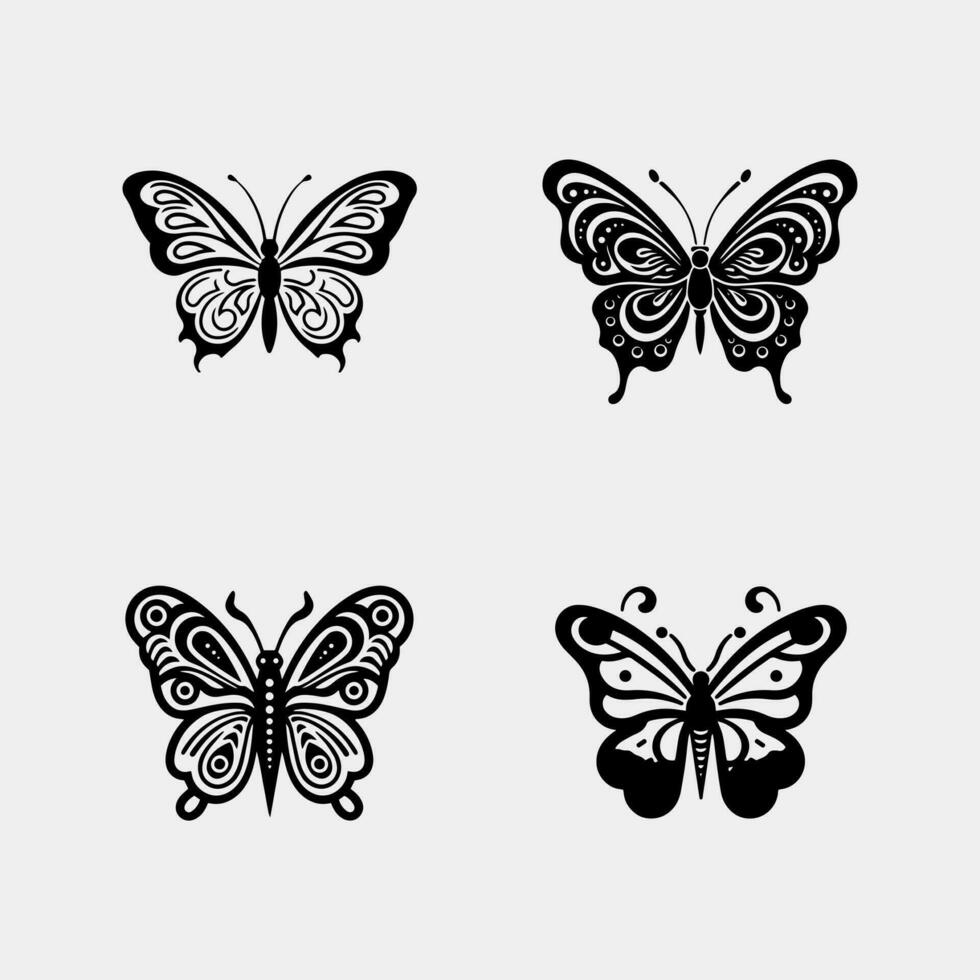 set of Flying butterflies silhouette black set isolated on transparent background vector