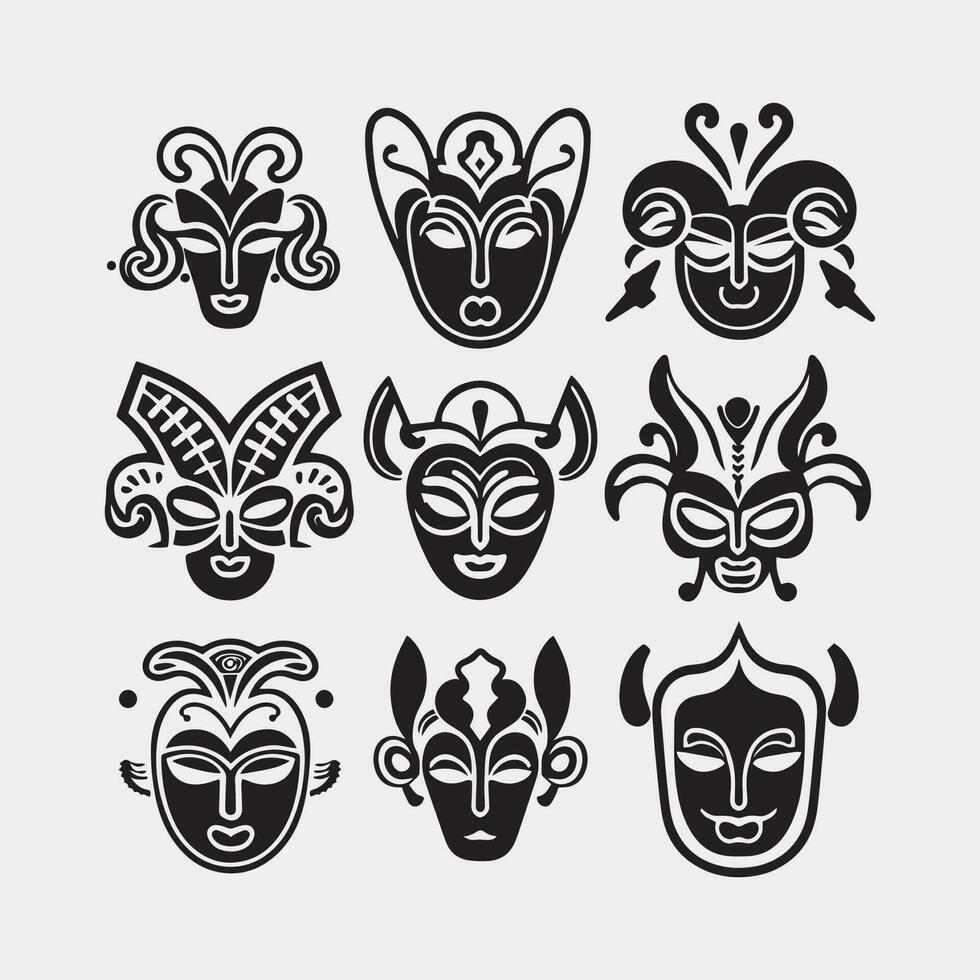 conjunto de africano tribal máscaras colección de diferente indio, azteca máscara en blanco antecedentes vector