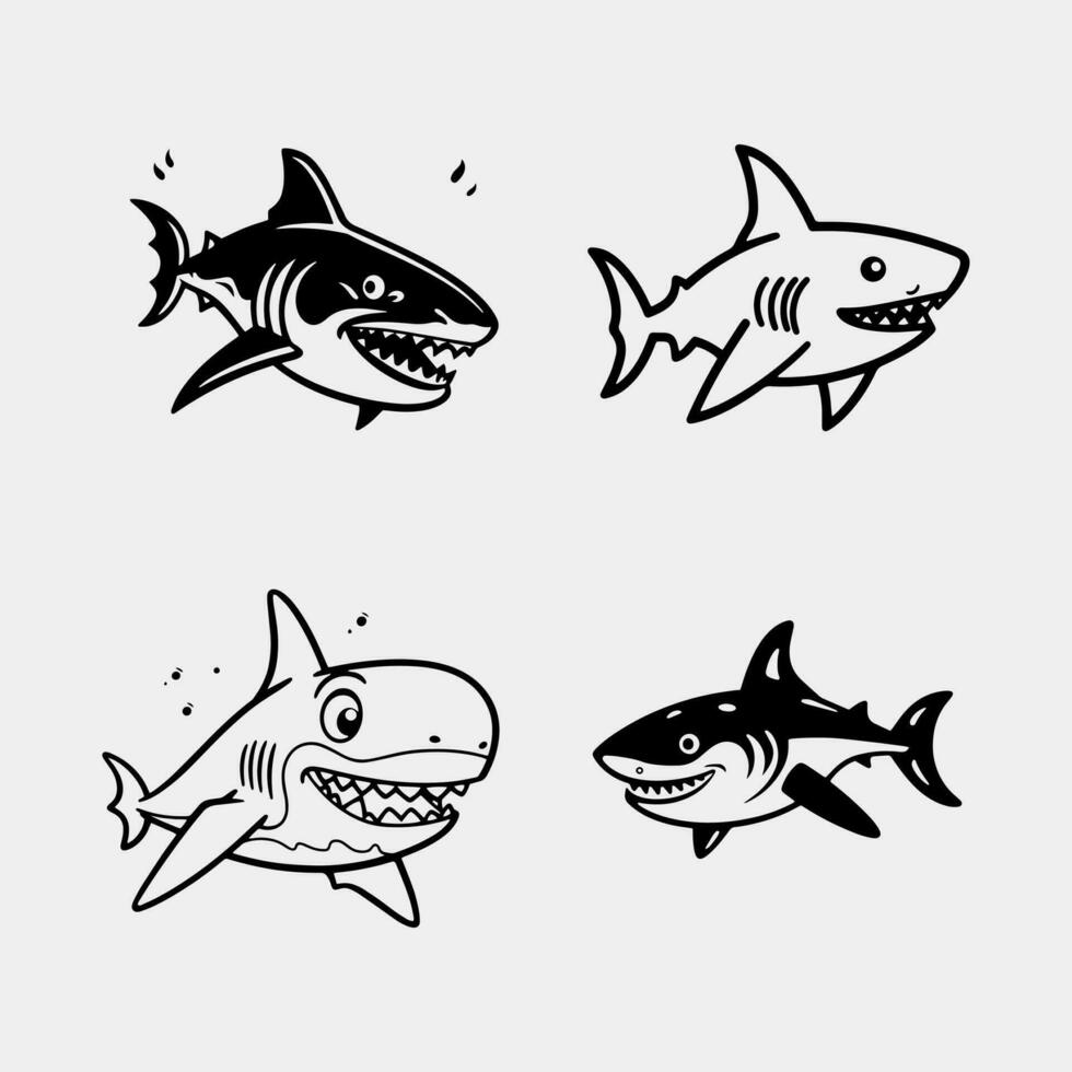 conjunto de tiburones dibujos animados Oceano pescado personaje. cómic tiburones emociones tiburón pescado mascota. tiburones para bebé, niños y familia vector