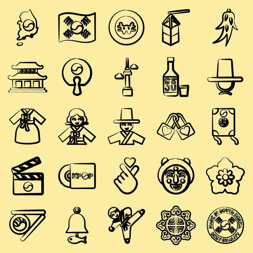 Icon set of south korea. South Korea elements. Icons in hand drawn style. Good for prints, posters, logo, advertisement, infographics, etc. vector