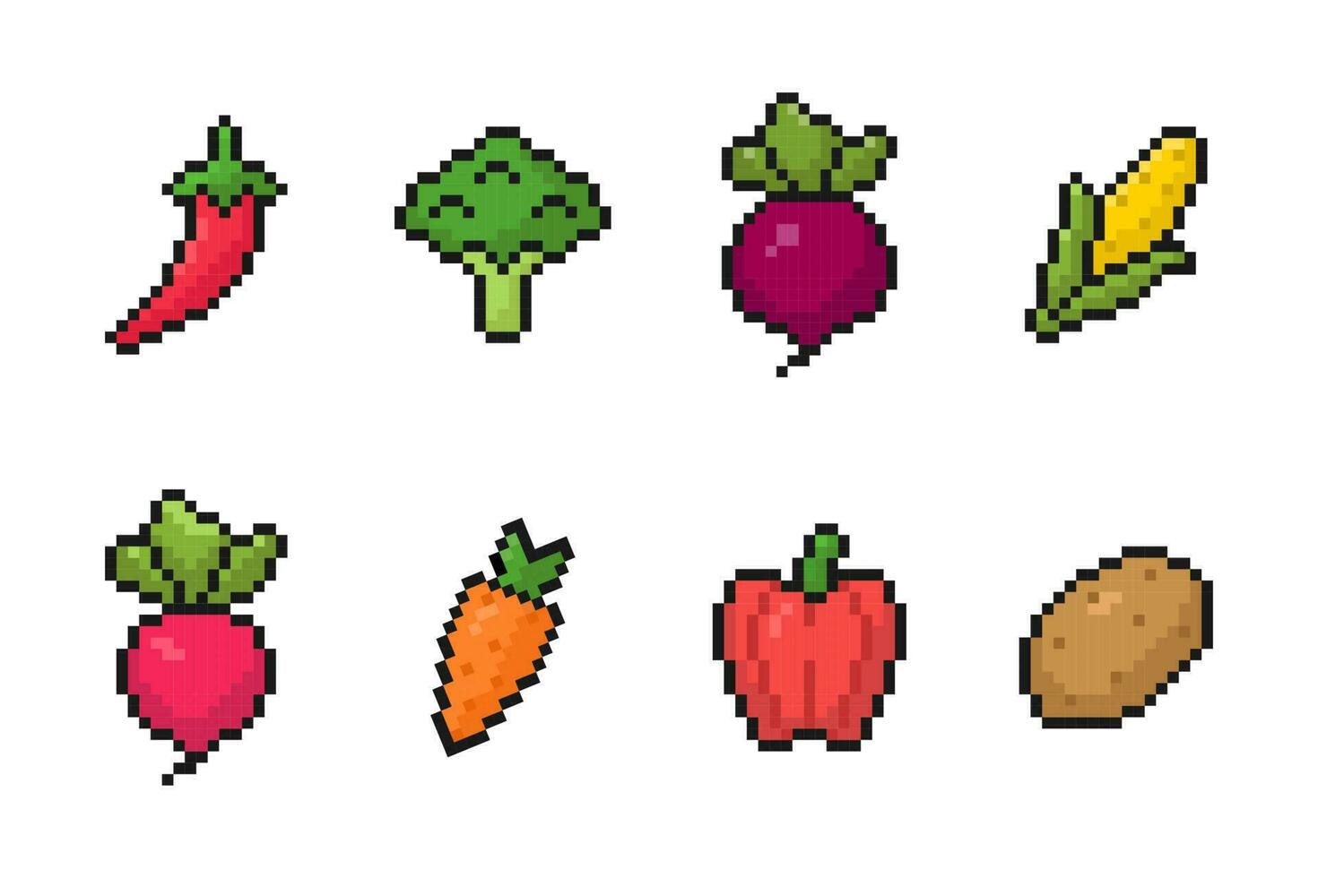 vegetales píxel Arte icono colocar, para móvil aplicaciones y juego diseño, aislado retro juego diseño, vector ilustración