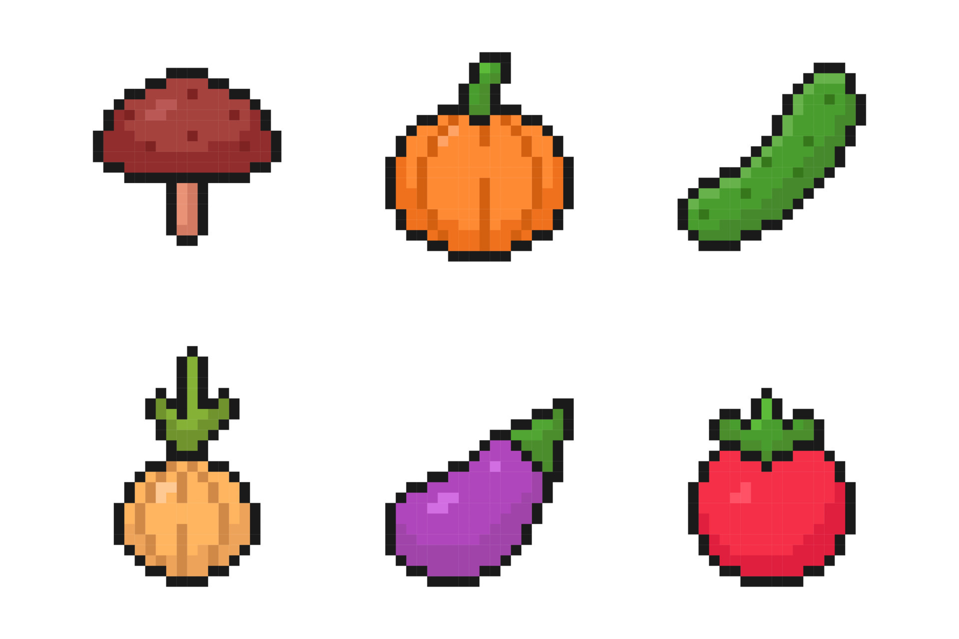 A set of isolated fruits in Pixel Art.