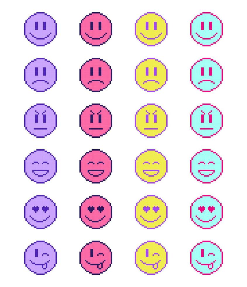 pixel emoji set, colorful emoticon, retro style, 1990s 2000s, nostalgia, vector illustration